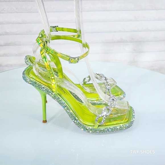 Mini .5" Rhinestone Platform Lime Green Hologram Upper Wrap Strap Heels Baily - Picture 9 of 17